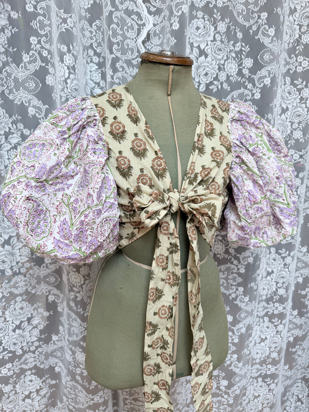 The Goldie Wisteria Puff Sleeve Wrap Blouse | Handmade Indian Block Print