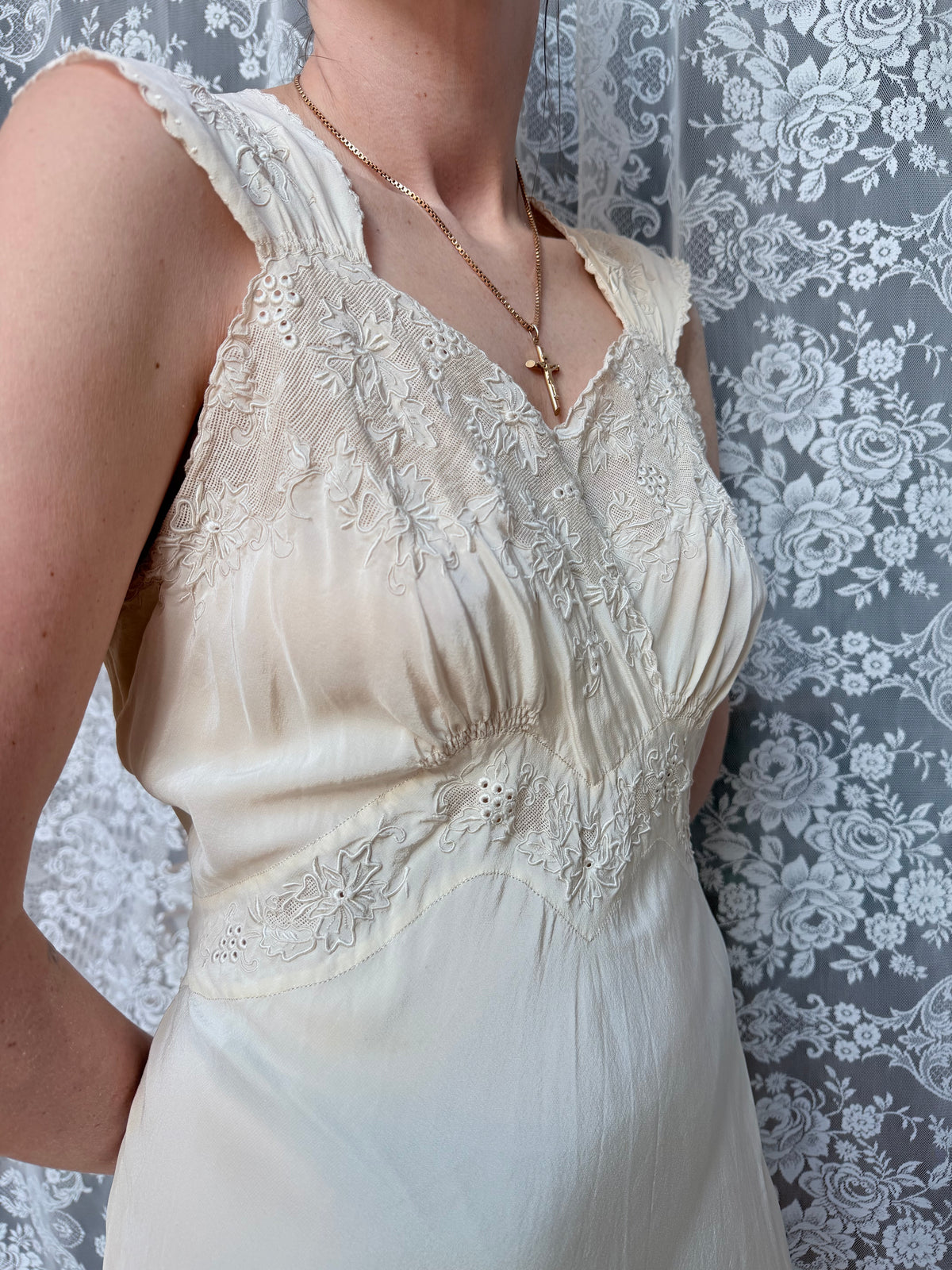Antique 1930s Cream Silk Slip Wedding Dress With Broderie Anglaise