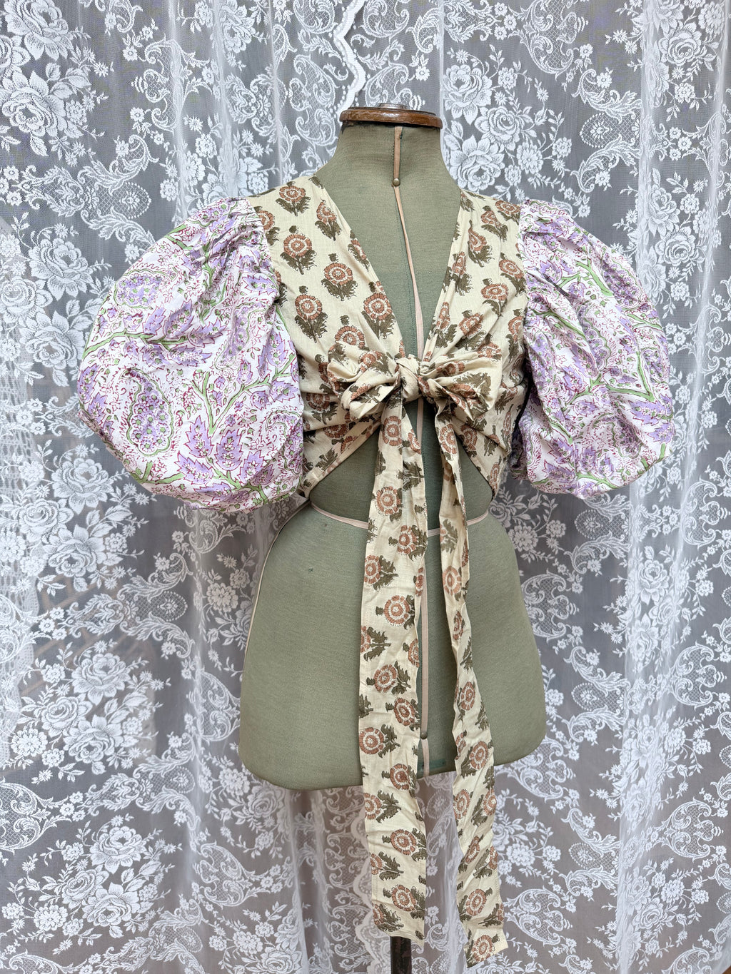 The Goldie Wisteria Puff Sleeve Wrap Blouse | Handmade Indian Block Print