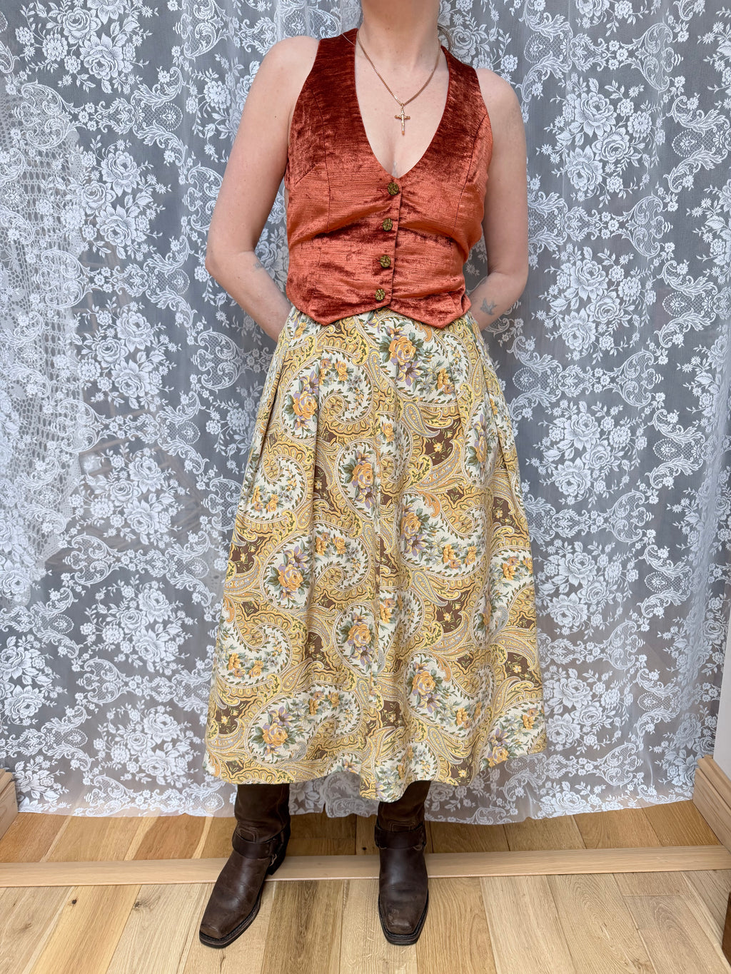 Vintage 1980s Burberrys Silk Paisley Floral Midi Skirt