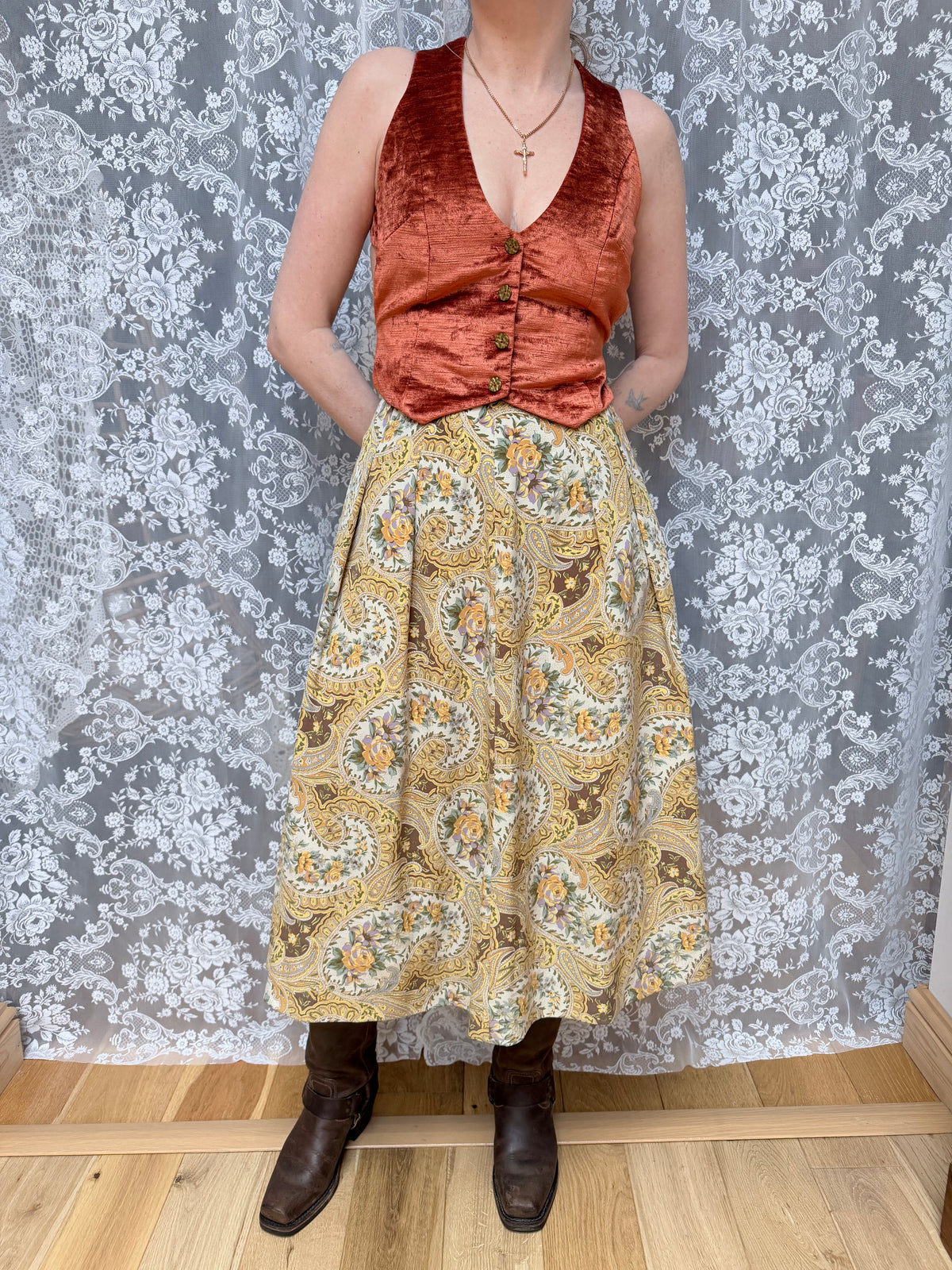 Vintage 1980s Burberrys Silk Paisley Floral Midi Skirt