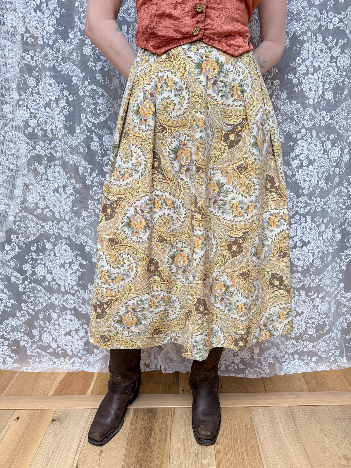 Vintage 1980s Burberrys Silk Paisley Floral Midi Skirt