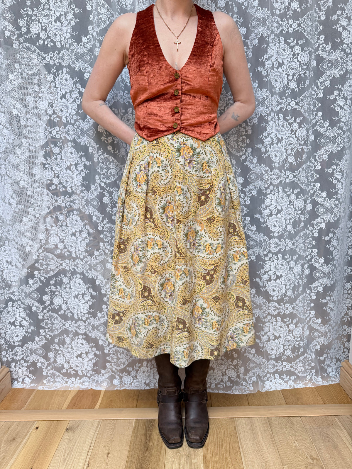 Vintage 1980s Burberrys Silk Paisley Floral Midi Skirt