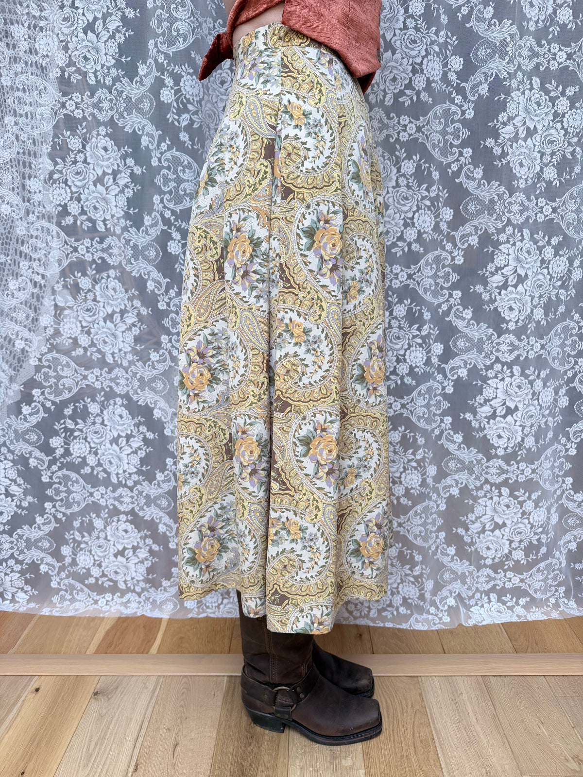 Vintage 1980s Burberrys Silk Paisley Floral Midi Skirt