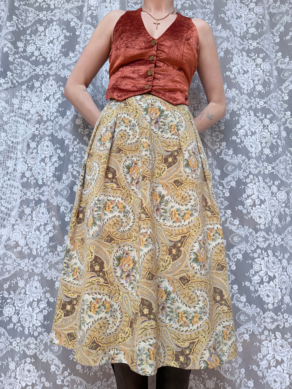 Vintage 1980s Burberrys Silk Paisley Floral Midi Skirt