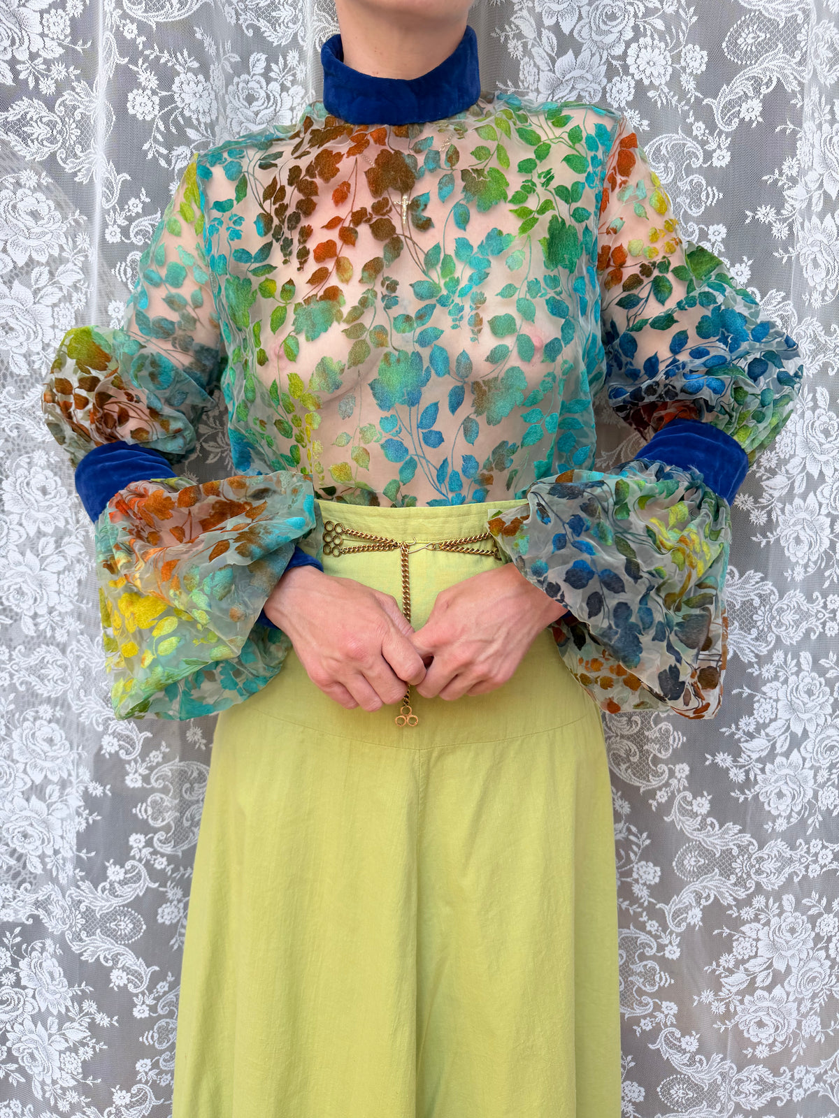 Vintage 1960s 'Mother Wouldn't Like It' Sheer Velvet Bishop Sleeve Blouse | London Boutique