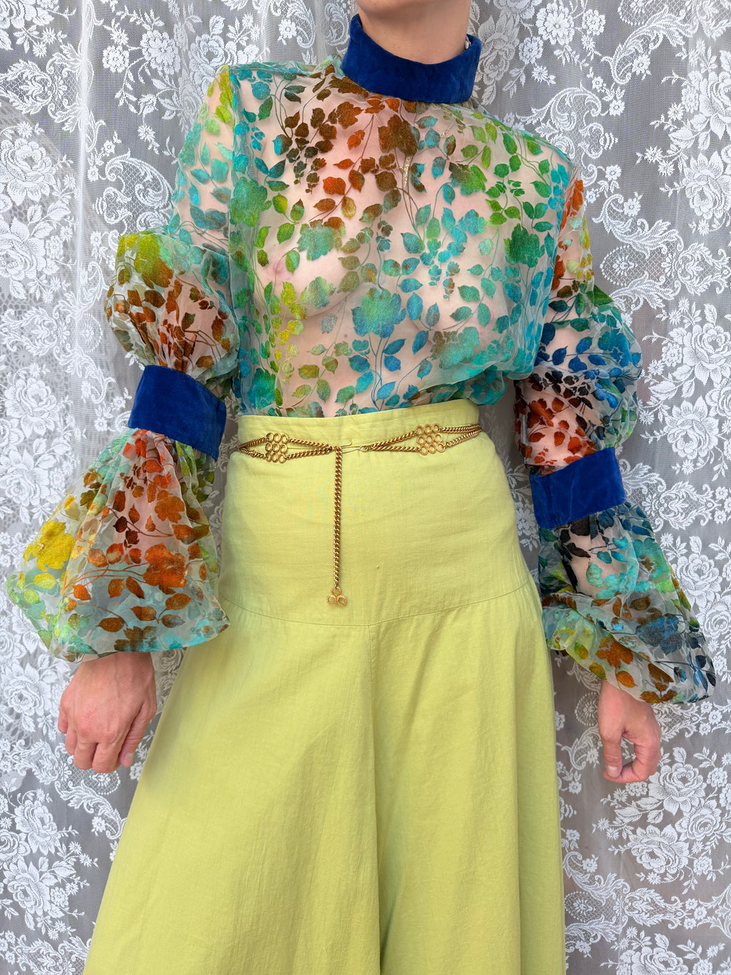 Vintage 1960s 'Mother Wouldn't Like It' Sheer Velvet Bishop Sleeve Blouse | London Boutique