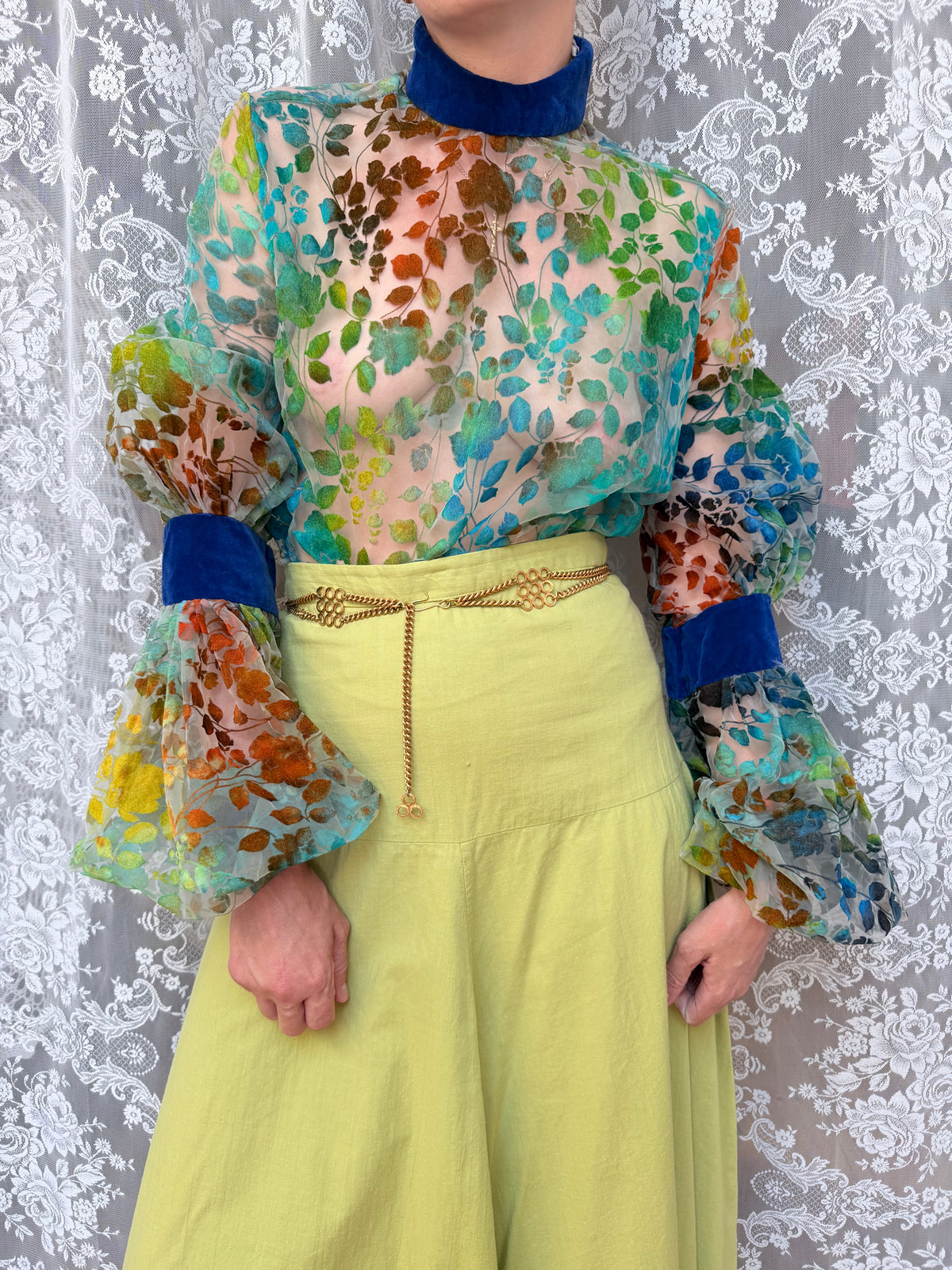 Vintage 1960s 'Mother Wouldn't Like It' Sheer Velvet Bishop Sleeve Blouse | London Boutique