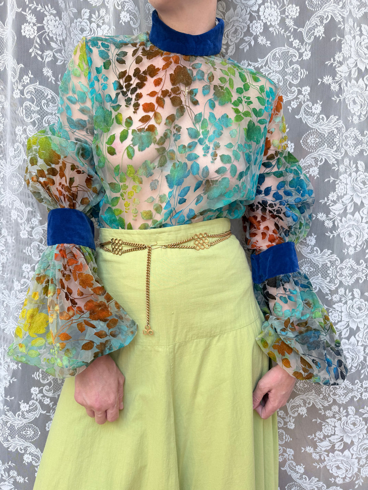 Vintage 1960s 'Mother Wouldn't Like It' Sheer Velvet Bishop Sleeve Blouse | London Boutique