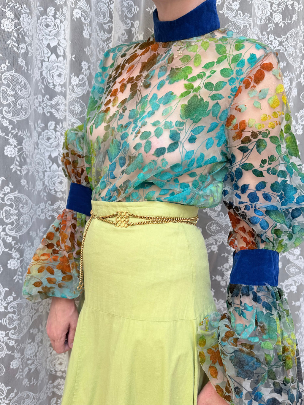 Vintage 1960s 'Mother Wouldn't Like It' Sheer Velvet Bishop Sleeve Blouse | London Boutique