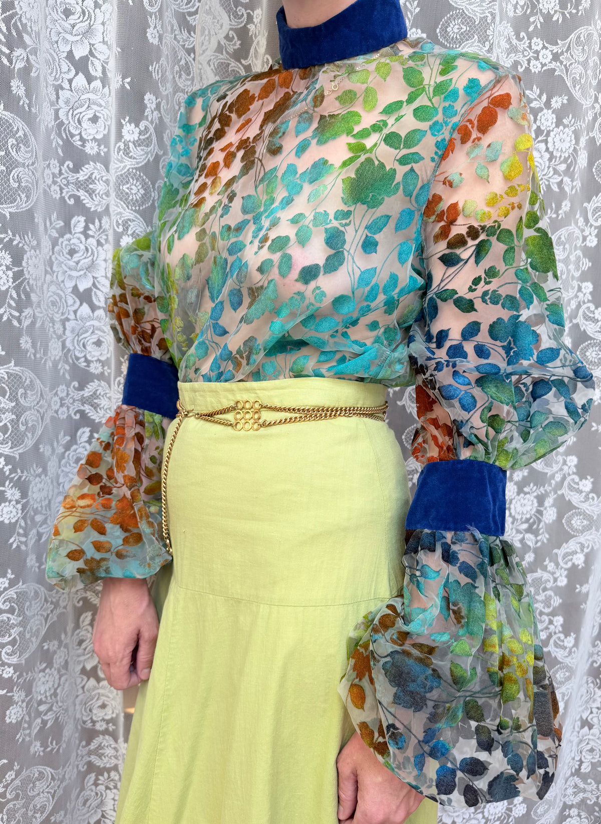 Vintage 1960s 'Mother Wouldn't Like It' Sheer Velvet Bishop Sleeve Blouse | London Boutique