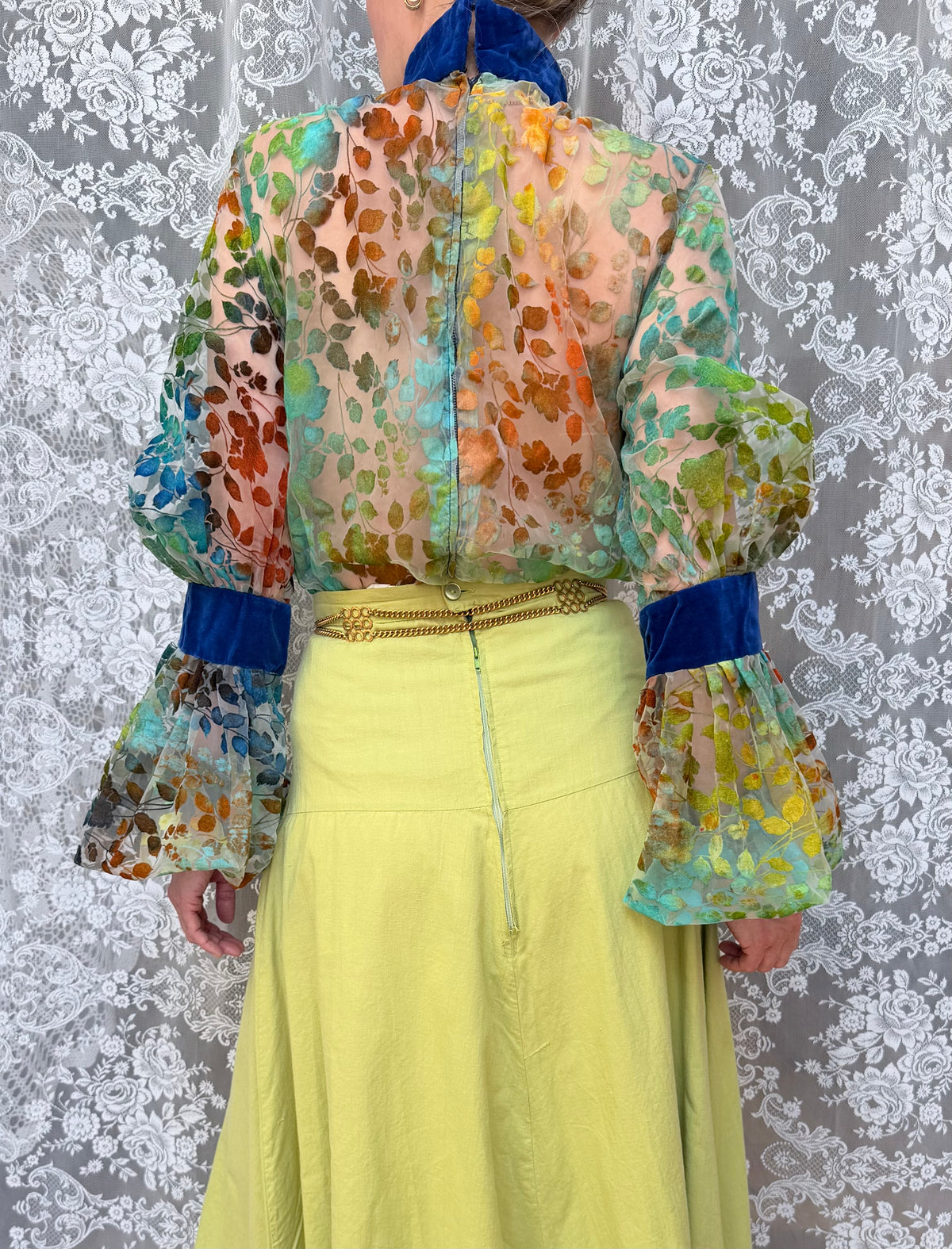 Vintage 1960s 'Mother Wouldn't Like It' Sheer Velvet Bishop Sleeve Blouse | London Boutique