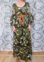 1970s Frank Usher Green Petal Sleeve Witchy Prairie Dress