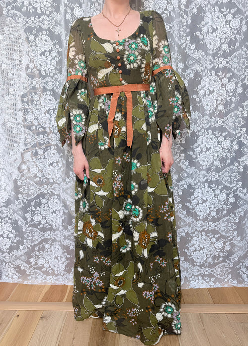 1970s Frank Usher Green Petal Sleeve Witchy Prairie Dress