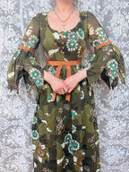 1970s Frank Usher Green Petal Sleeve Witchy Prairie Dress