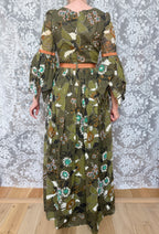 1970s Frank Usher Green Petal Sleeve Witchy Prairie Dress