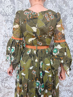 1970s Frank Usher Green Petal Sleeve Witchy Prairie Dress