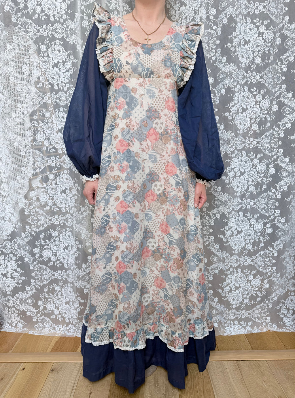 1970s Fiona Dresses Patchwork Print Prairie Dress