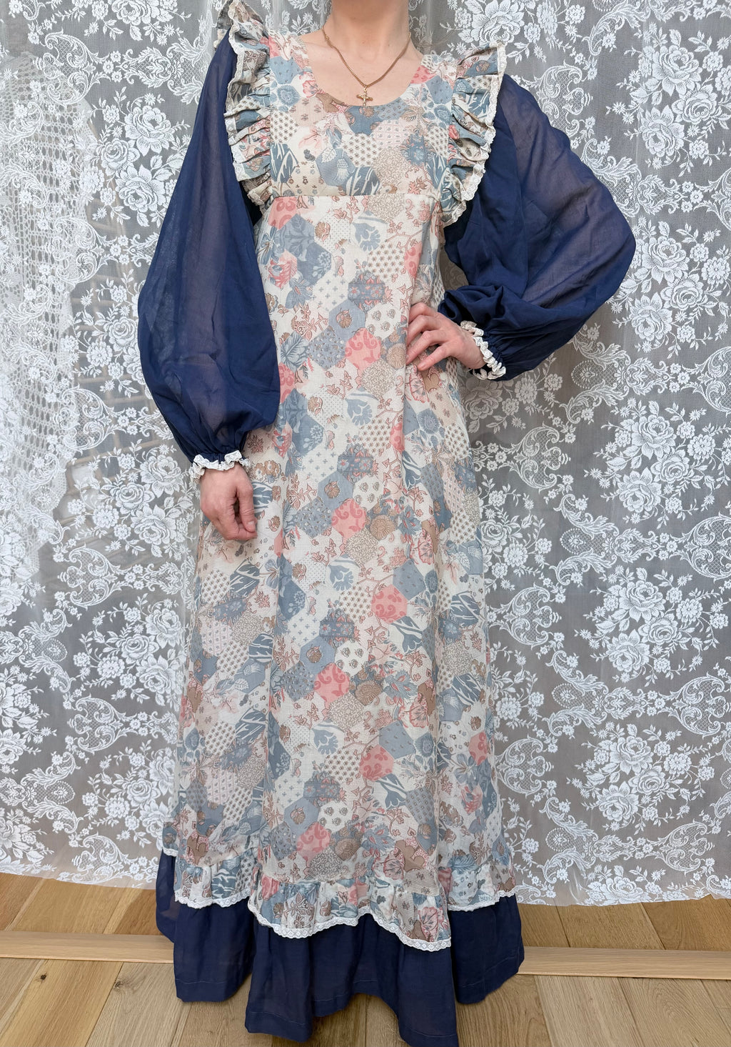 1970s Fiona Dresses Patchwork Print Prairie Dress