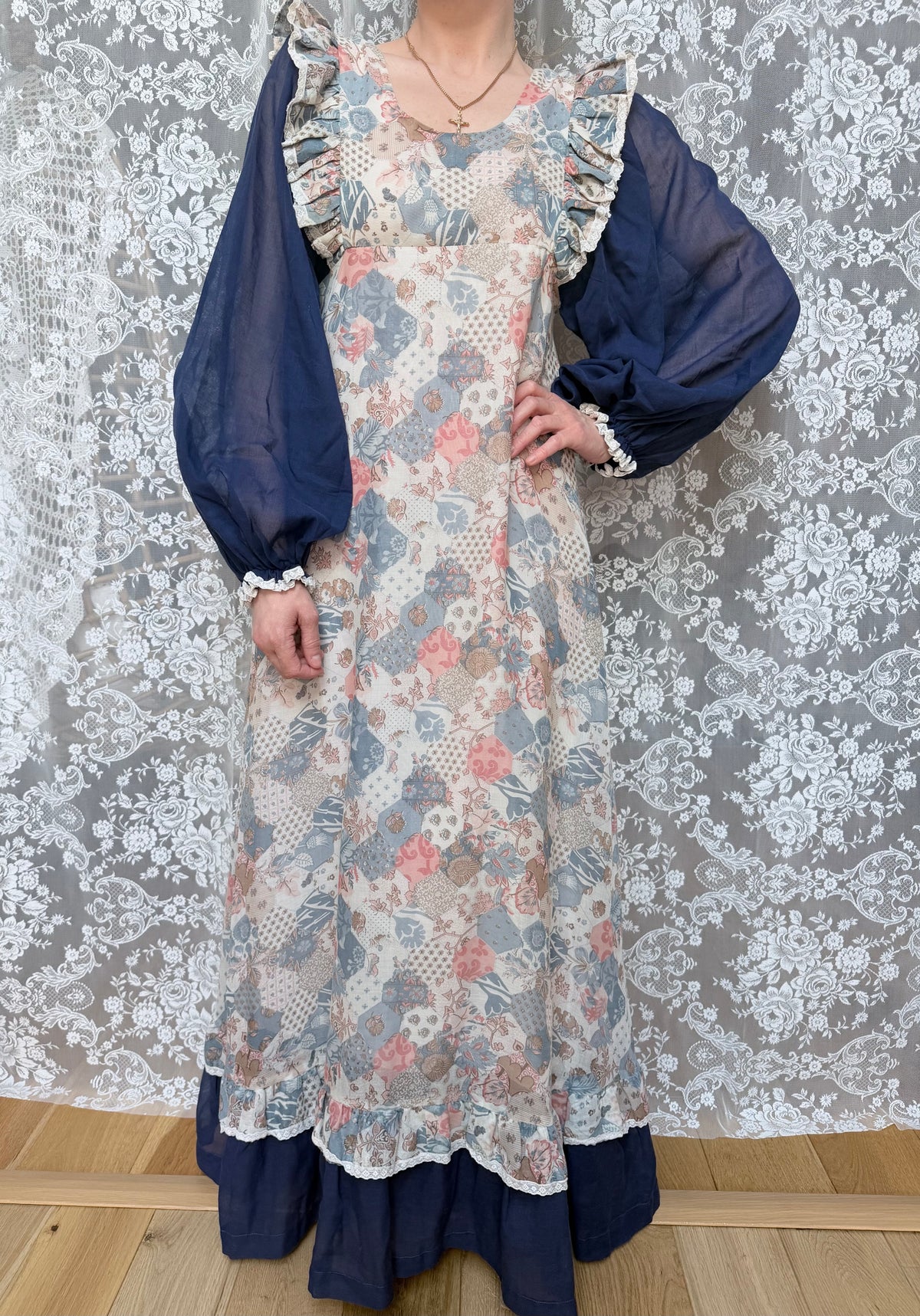 1970s Fiona Dresses Patchwork Print Prairie Dress