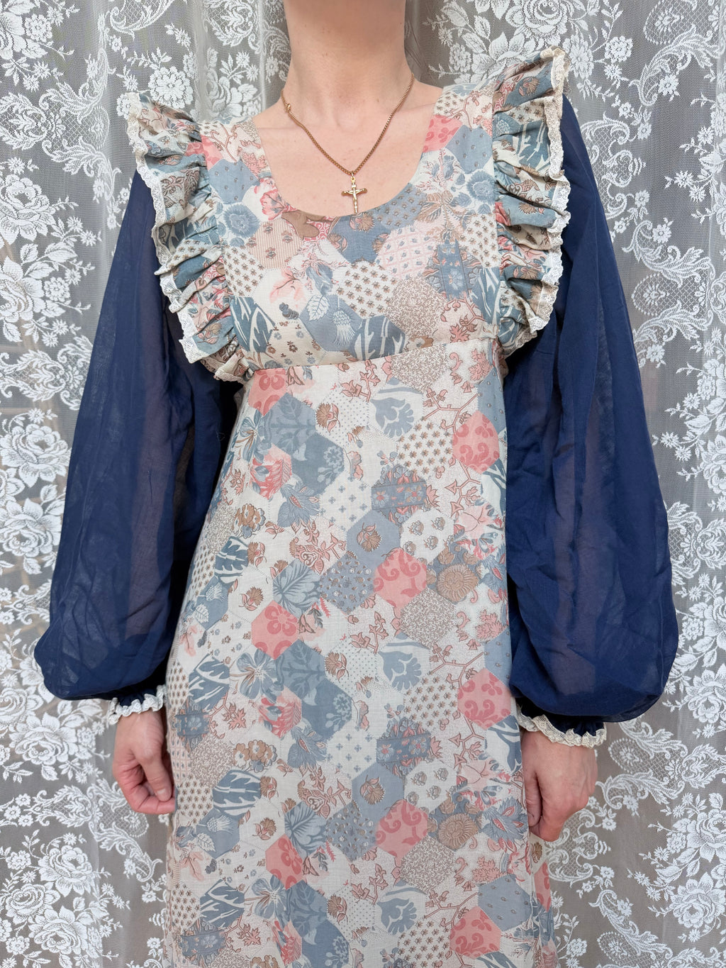 1970s Fiona Dresses Patchwork Print Prairie Dress