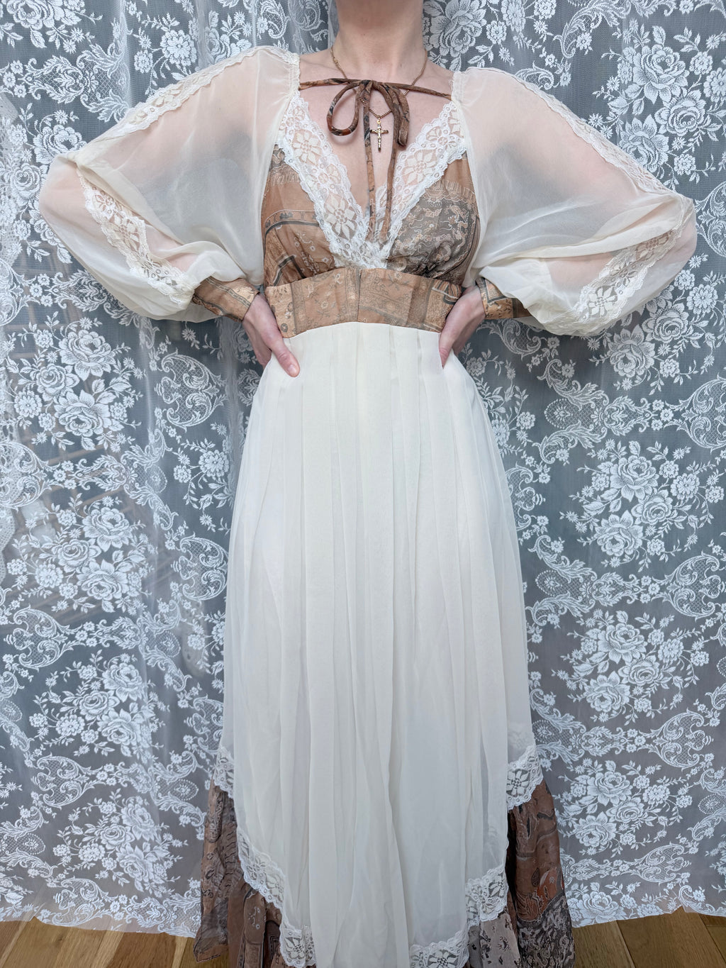 Vintage 1970s Balloon Sleeves Prairie Handmade Dress