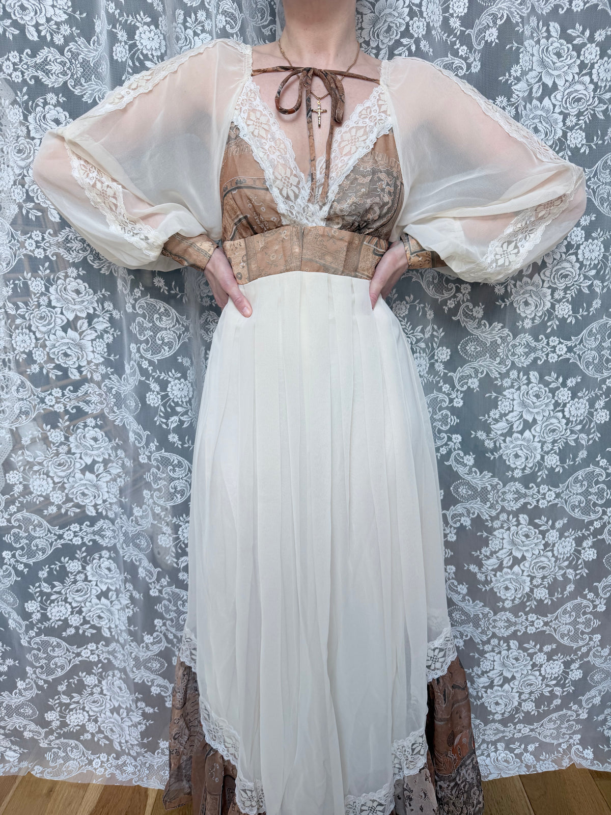 Vintage 1970s Balloon Sleeves Prairie Handmade Dress
