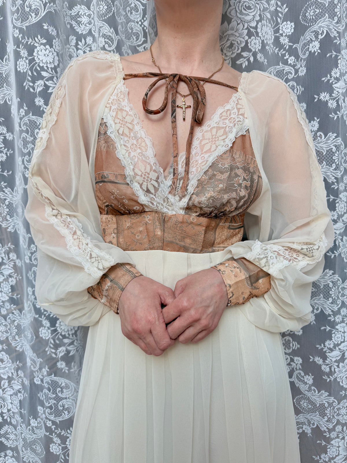 Vintage 1970s Balloon Sleeves Prairie Handmade Dress