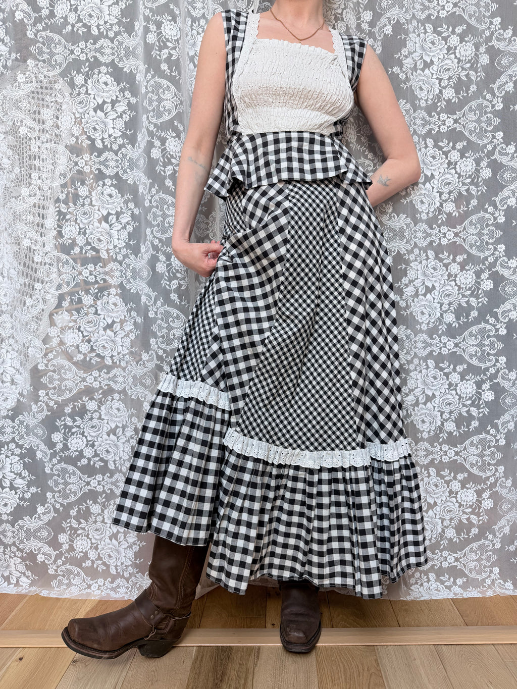 Vintage 1970s Gingham Patchwork Two Piece Prairie Set