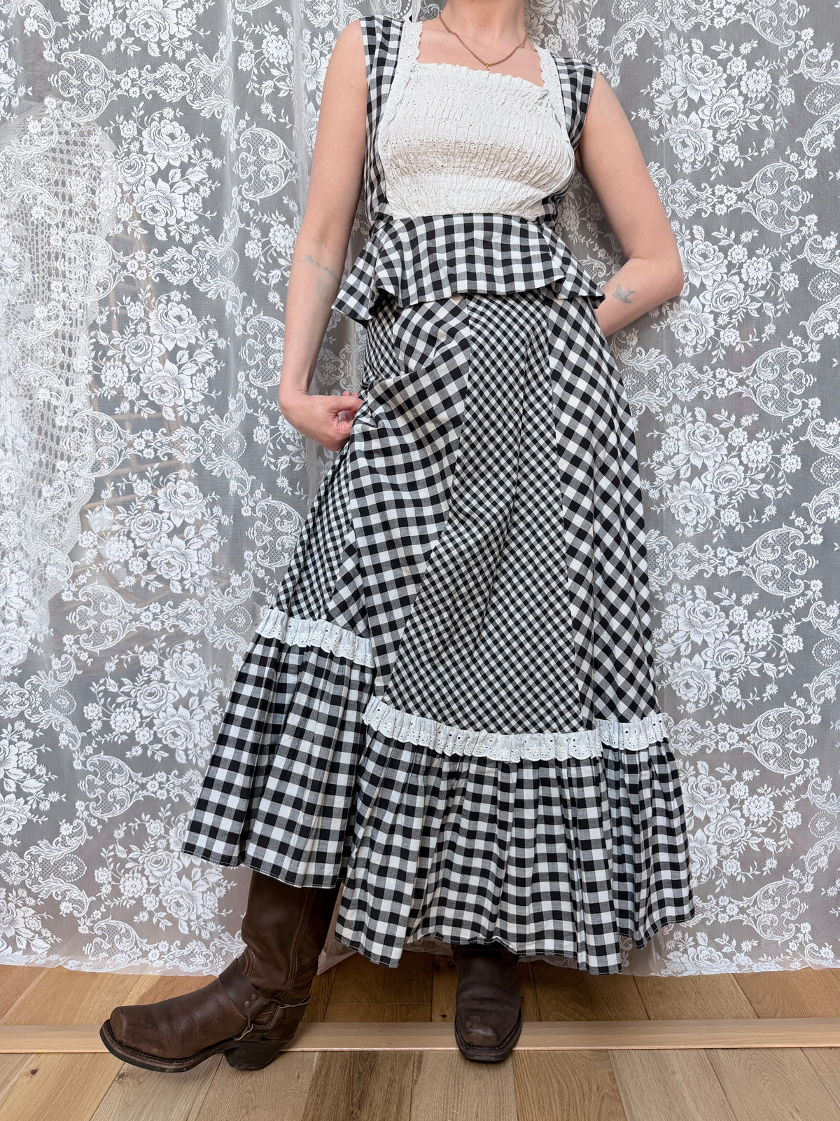 Vintage 1970s Gingham Patchwork Two Piece Prairie Set