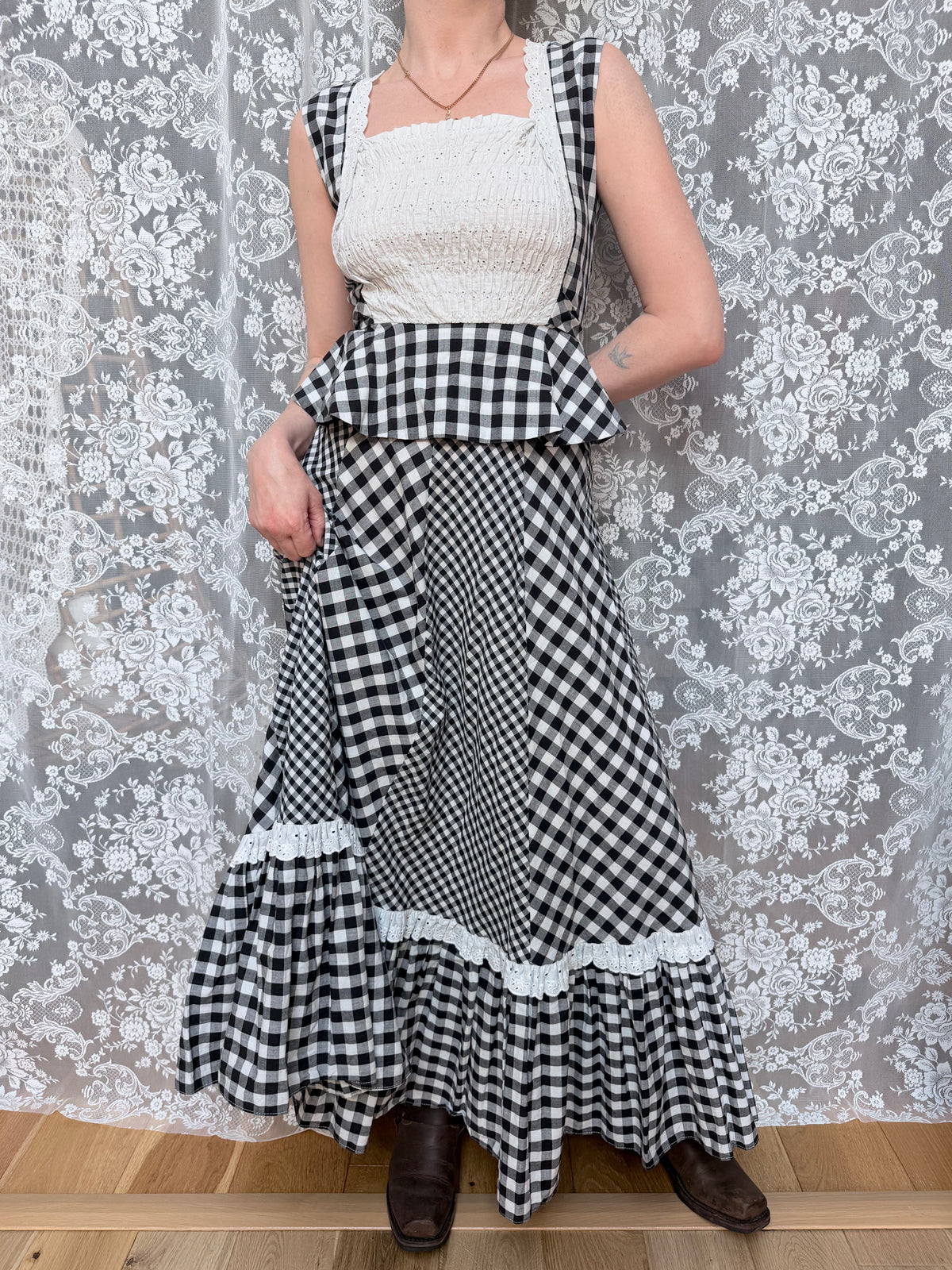 Vintage 1970s Gingham Patchwork Two Piece Prairie Set