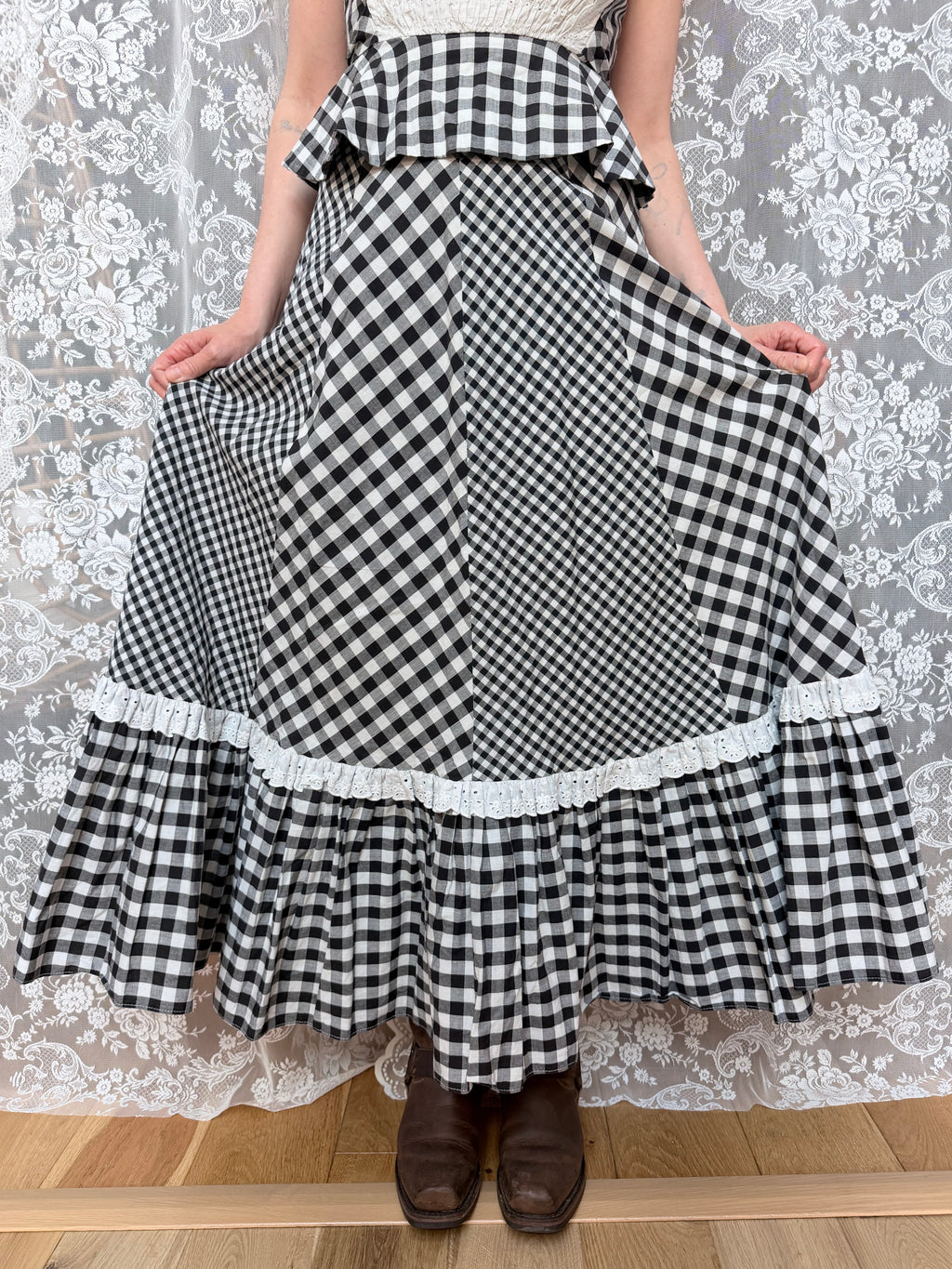 Vintage 1970s Gingham Patchwork Two Piece Prairie Set