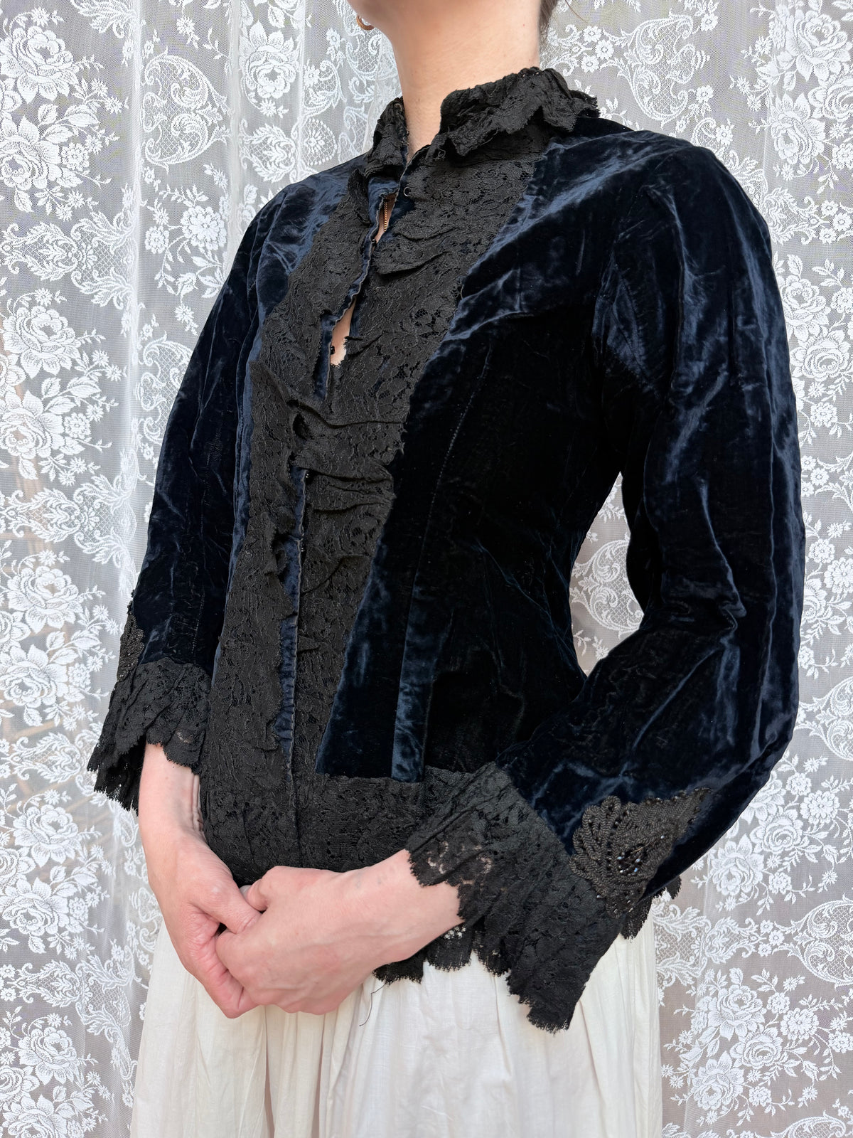 Antique Dark Blue Velvet and Lace Jacket 1890-1910