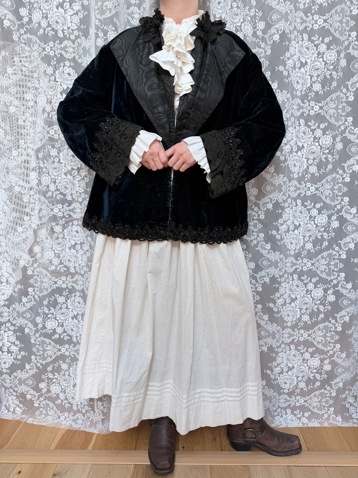 Antique 1890-1910 Dark Blue Velvet Opera Jacket with Jet-Beaded Lace