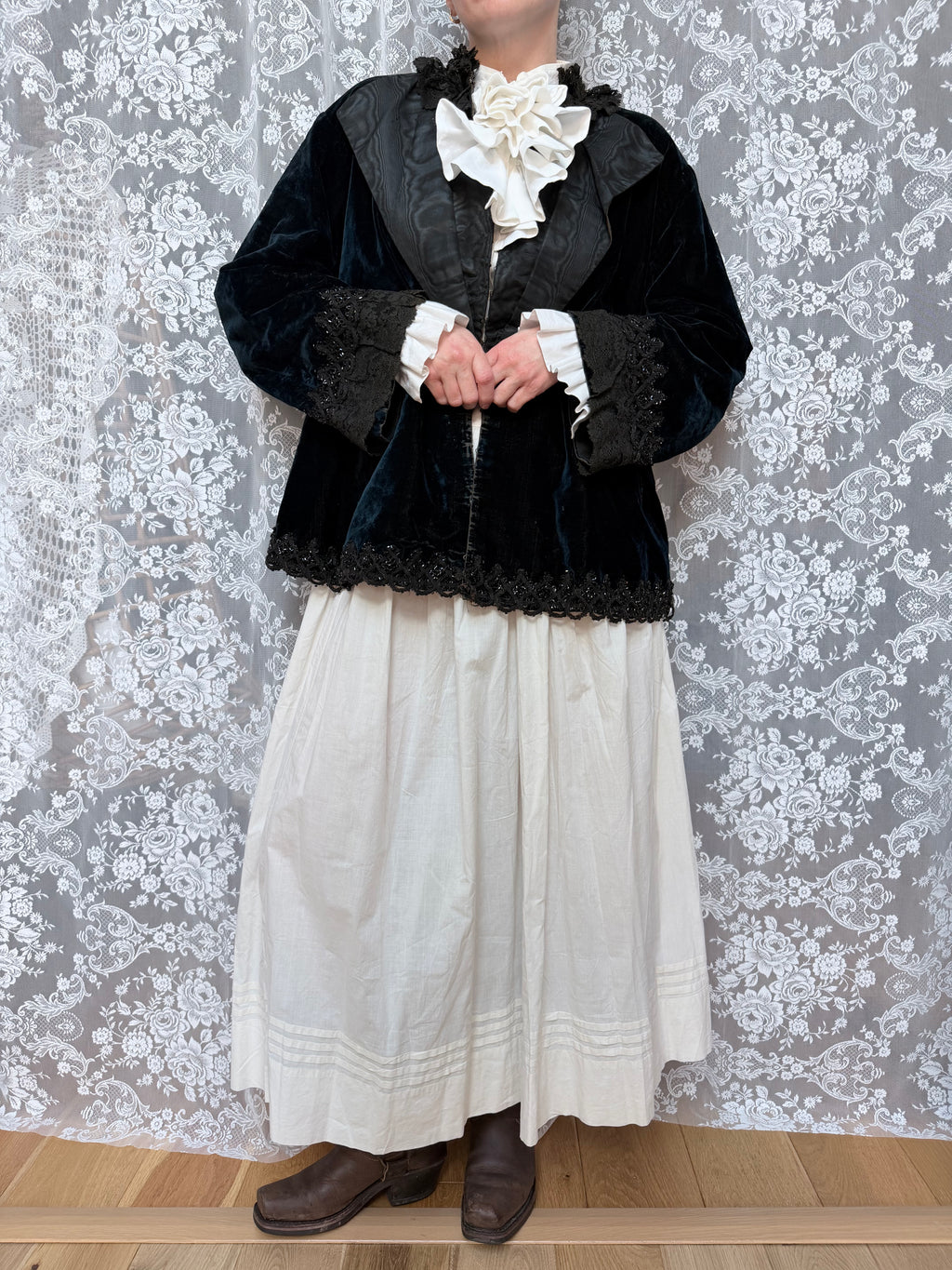 Antique 1890-1910 Dark Blue Velvet Opera Jacket with Jet-Beaded Lace