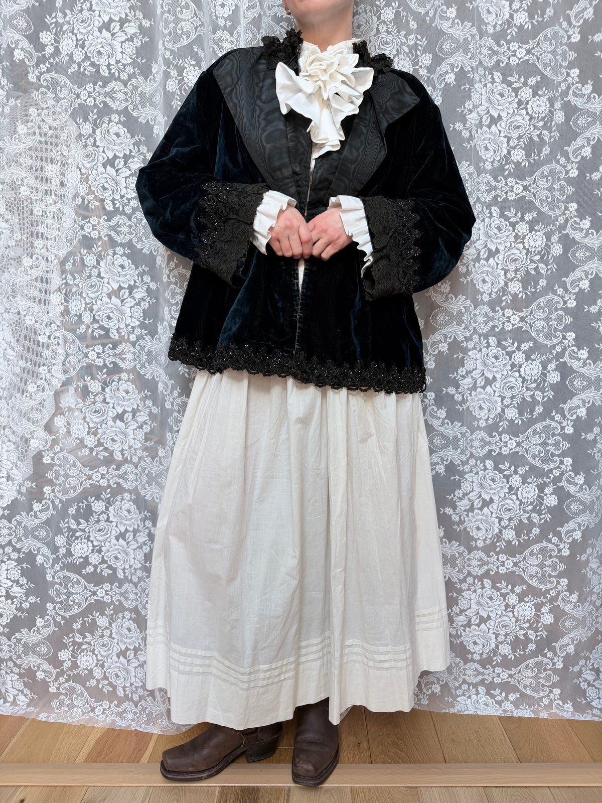 Antique 1890-1910 Dark Blue Velvet Opera Jacket with Jet-Beaded Lace
