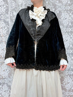 Antique 1890-1910 Dark Blue Velvet Opera Jacket with Jet-Beaded Lace