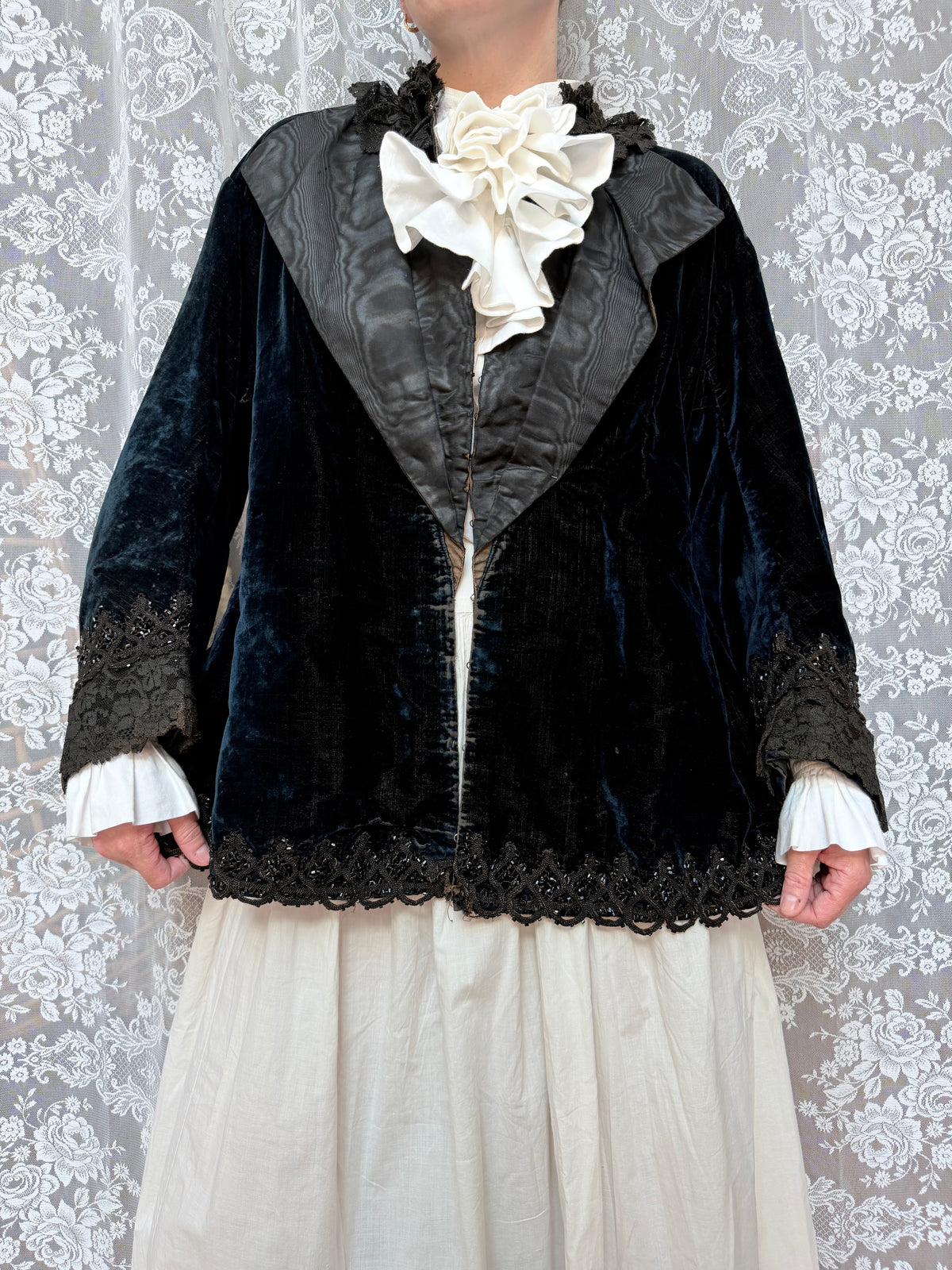 Antique 1890-1910 Dark Blue Velvet Opera Jacket with Jet-Beaded Lace