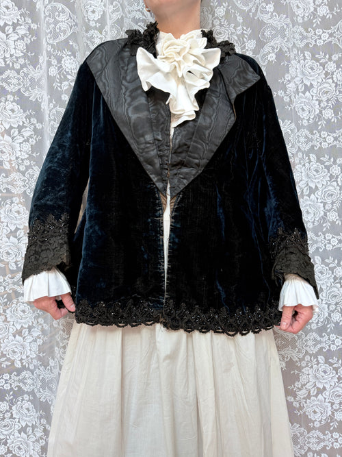 Antique 1890-1910 Dark Blue Velvet Opera Jacket with Jet-Beaded Lace