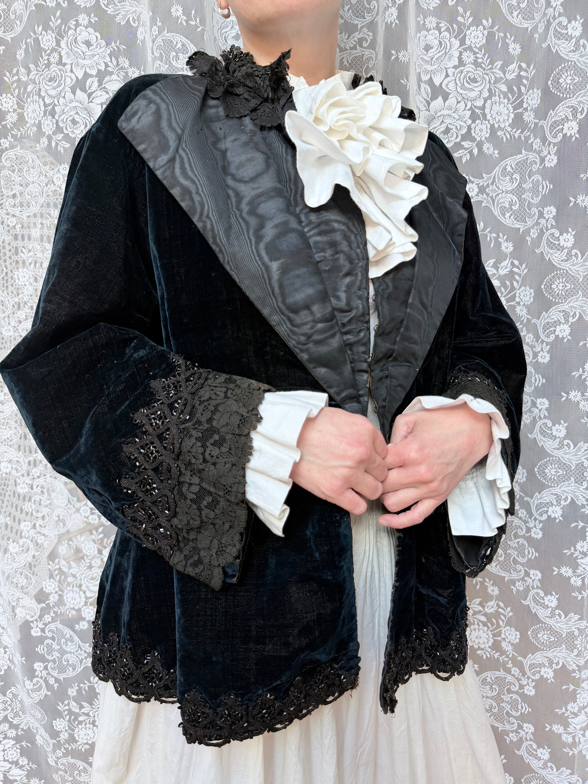 Antique 1890-1910 Dark Blue Velvet Opera Jacket with Jet-Beaded Lace