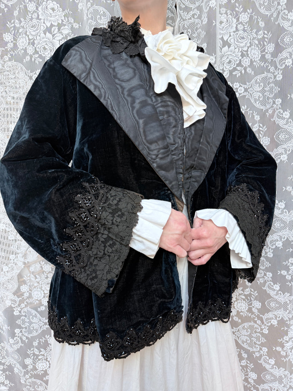 Antique 1890-1910 Dark Blue Velvet Opera Jacket with Jet-Beaded Lace