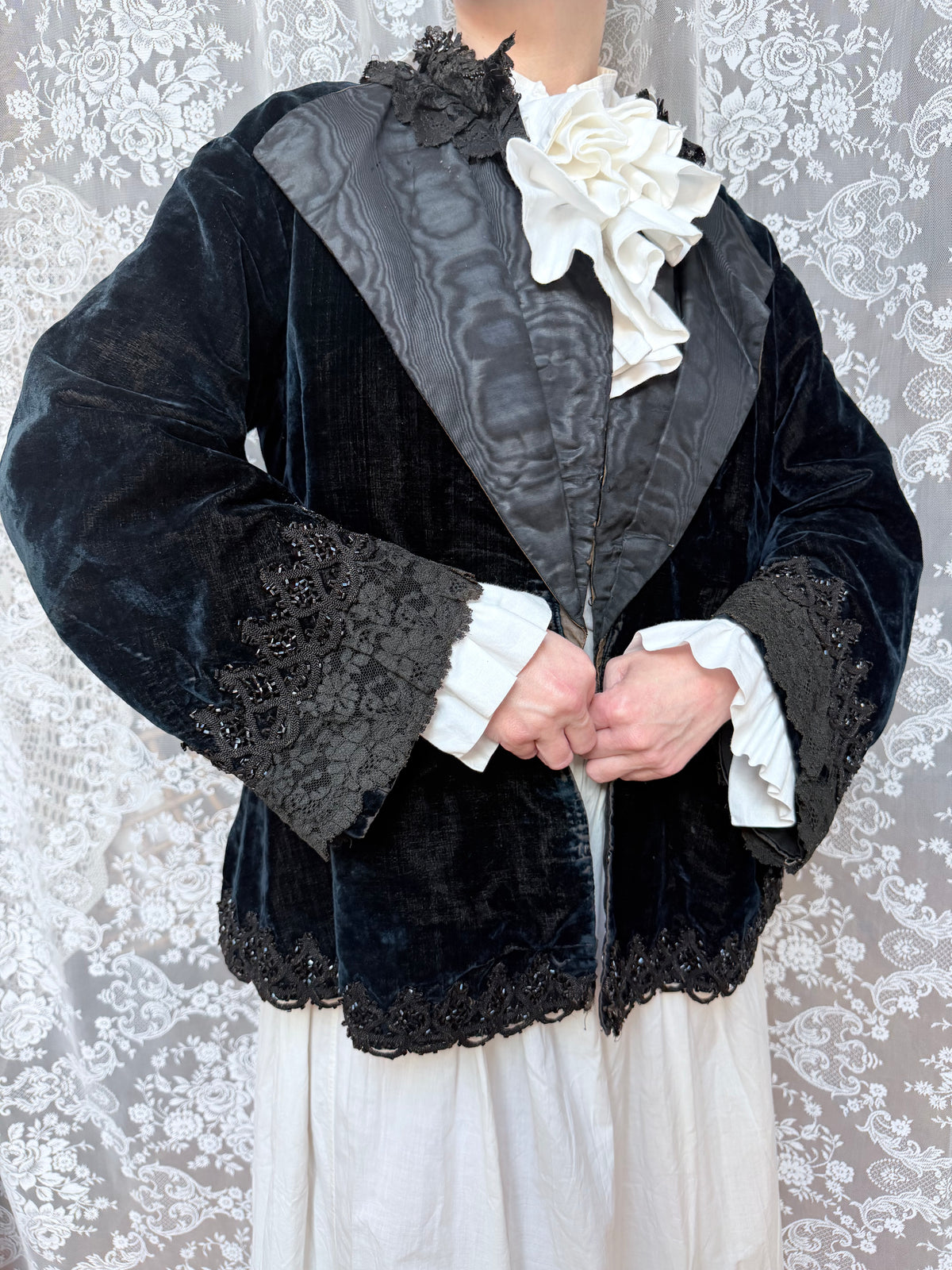 Antique 1890-1910 Dark Blue Velvet Opera Jacket with Jet-Beaded Lace