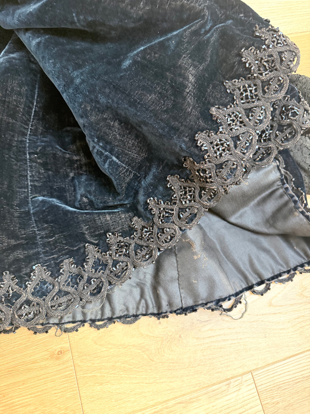 Antique 1890-1910 Dark Blue Velvet Opera Jacket with Jet-Beaded Lace