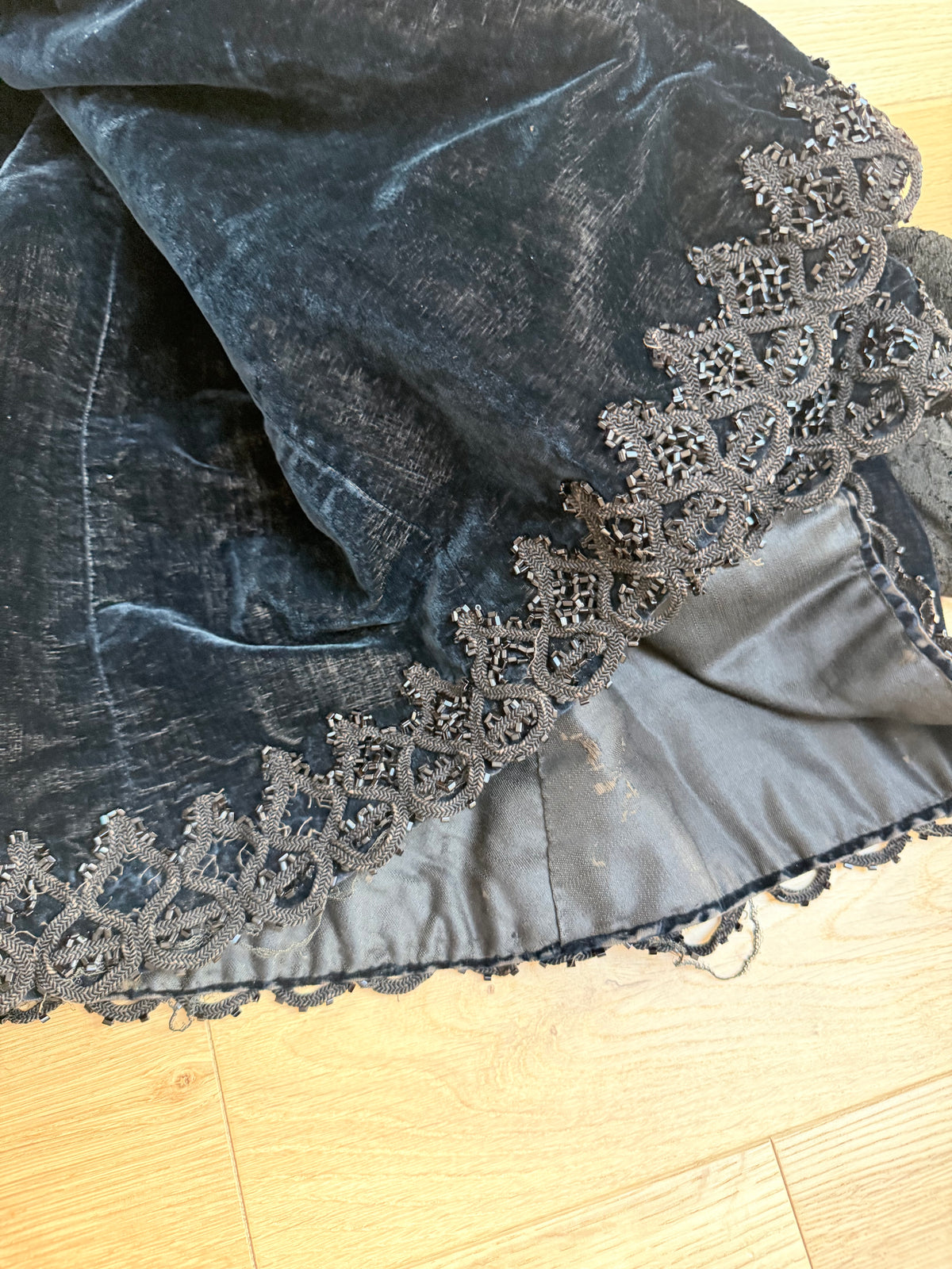 Antique 1890-1910 Dark Blue Velvet Opera Jacket with Jet-Beaded Lace