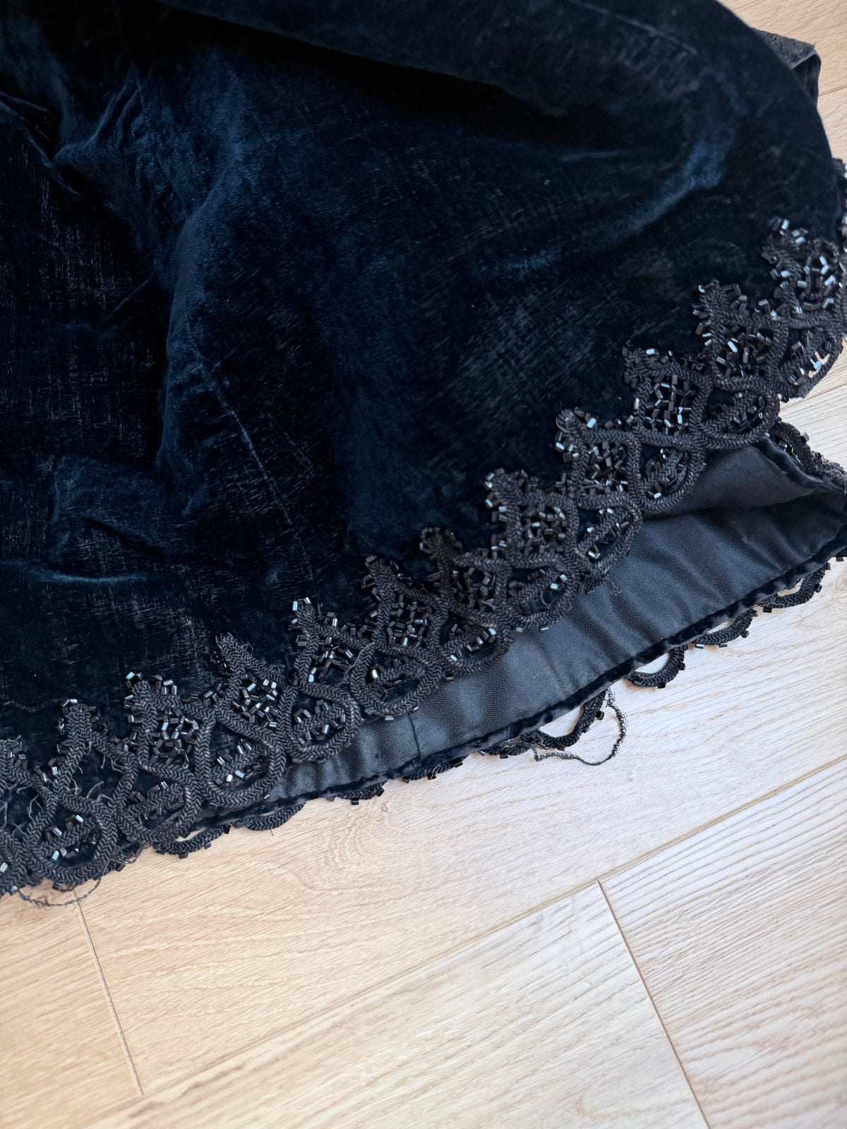 Antique 1890-1910 Dark Blue Velvet Opera Jacket with Jet-Beaded Lace
