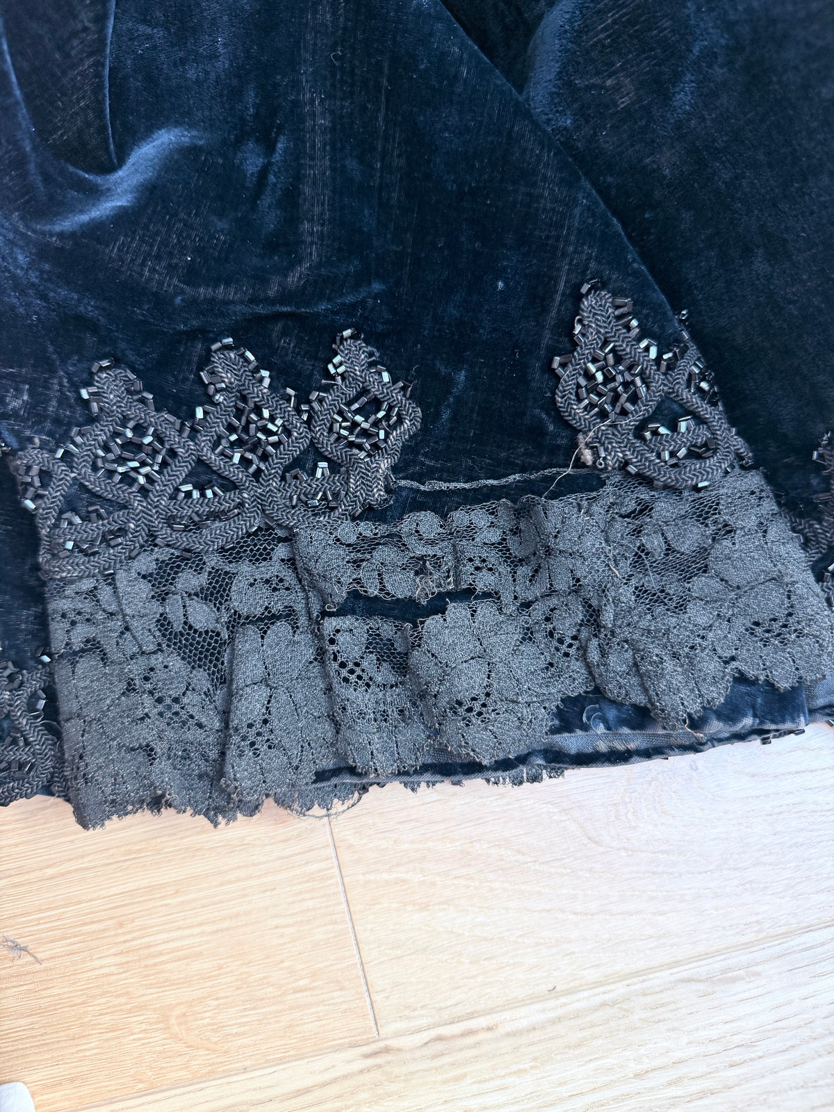 Antique 1890-1910 Dark Blue Velvet Opera Jacket with Jet-Beaded Lace