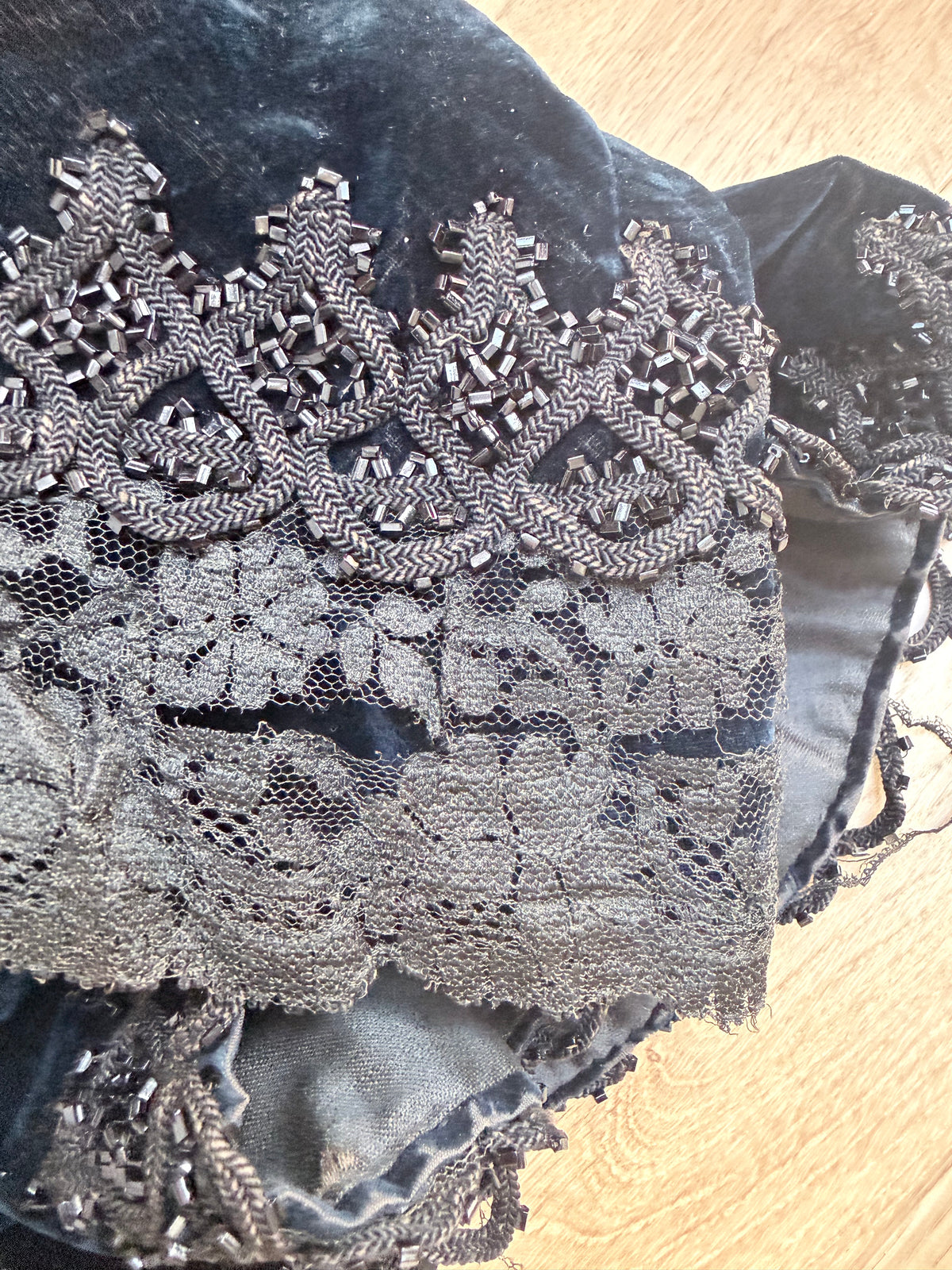 Antique 1890-1910 Dark Blue Velvet Opera Jacket with Jet-Beaded Lace