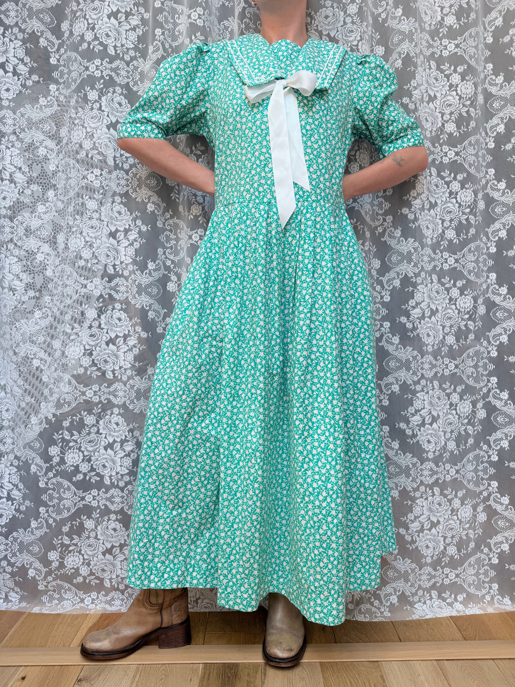 Vintage 1980s Laura Ashley Turquoise Sailor Collar Dress