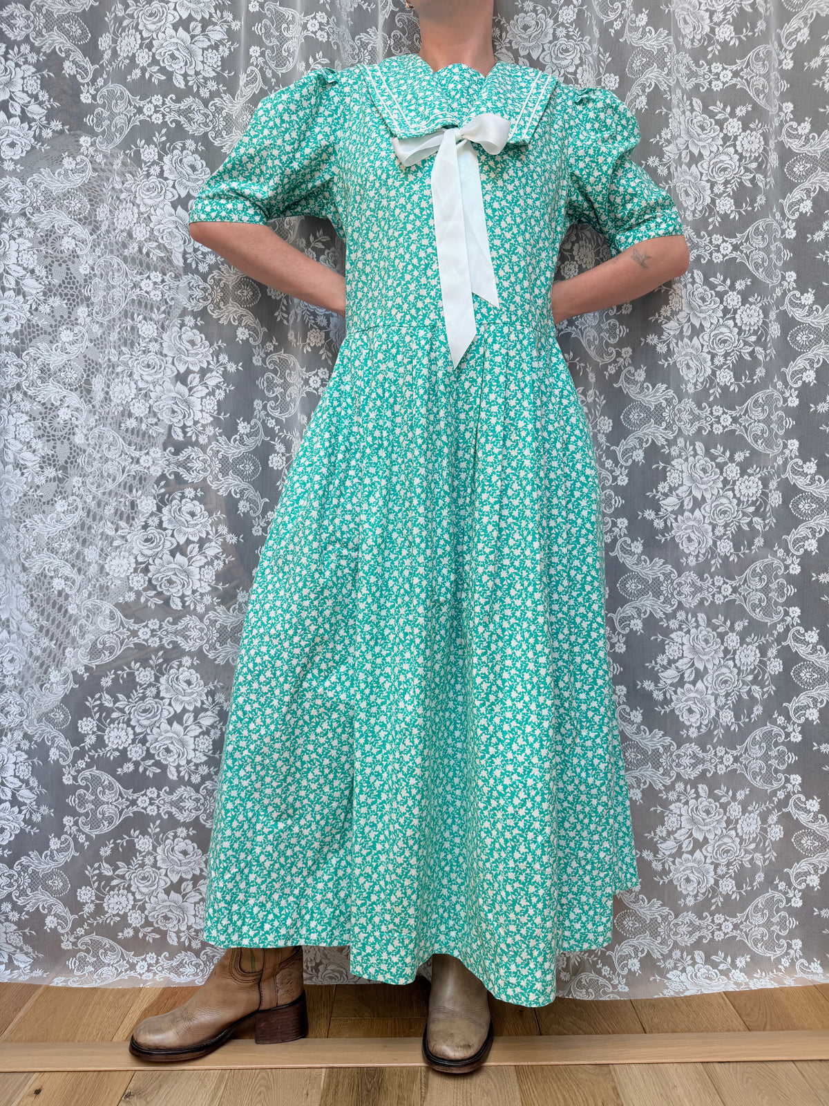 Vintage 1980s Laura Ashley Turquoise Sailor Collar Dress