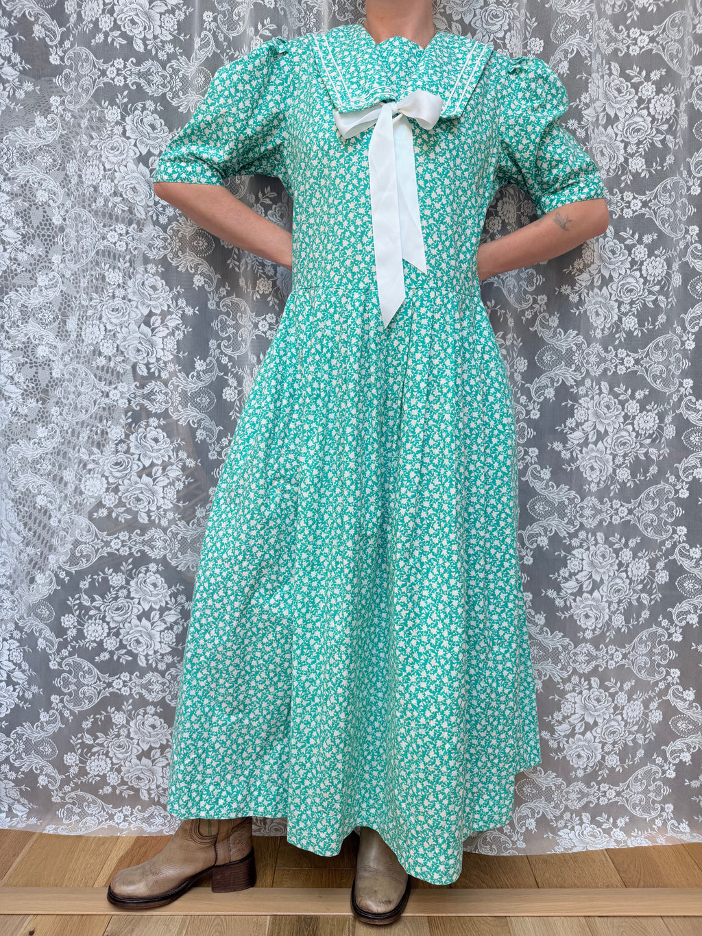 Vintage 1980s Laura Ashley Turquoise Sailor Collar Dress